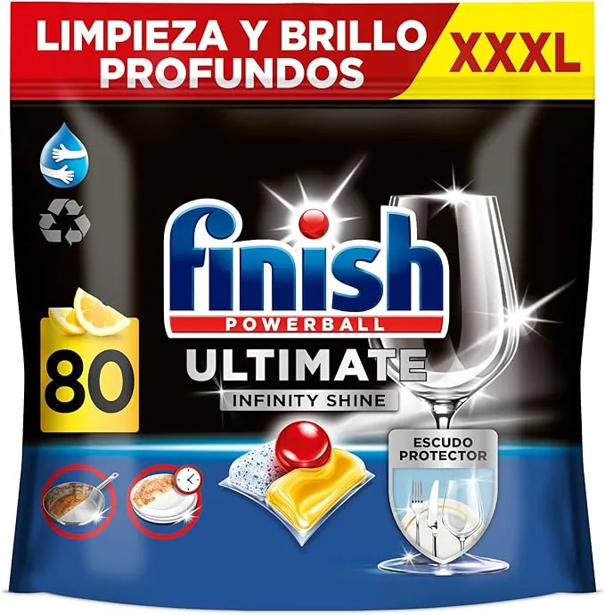 Finish Powerball Ultimate Infinity Shine, pastillas para el lavavajillas con poder quitagrasas y protección del cristal, aroma limón, 80 Pastillas