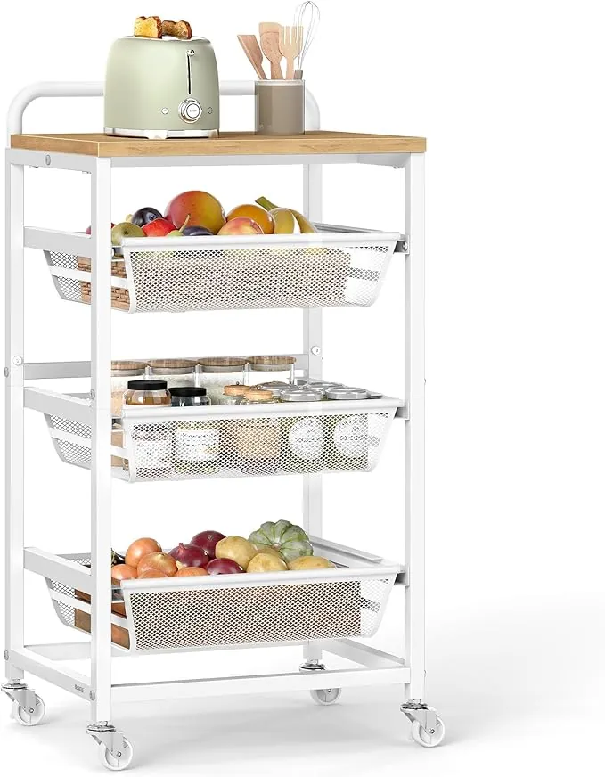 VASAGLE Carrito de Almacenaje de 4 Niveles, con Cestas Extraíbles, Estante de Cocina con Ruedas y Asa, 31,7 x 40 x 76 cm, Roble Dorado y Blanco Mate LRC040Y01