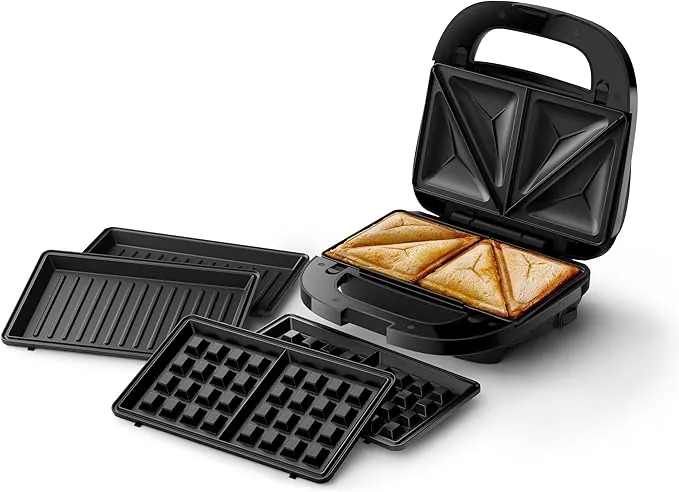 Philips Sandwichera Serie 5000-3 juegos de platos para paninis, sándwiches y gofres, placas antiadherentes para parrilla, cortar y sellar, 750 W de potencia, negro (HD2350/80)