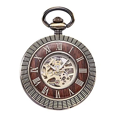 TREEWETO Reloj de bolsillo de madera unisex con cadena, analógico, cuerda manual, esqueleto con números romanos (Holz066), Bronce066, Clásico