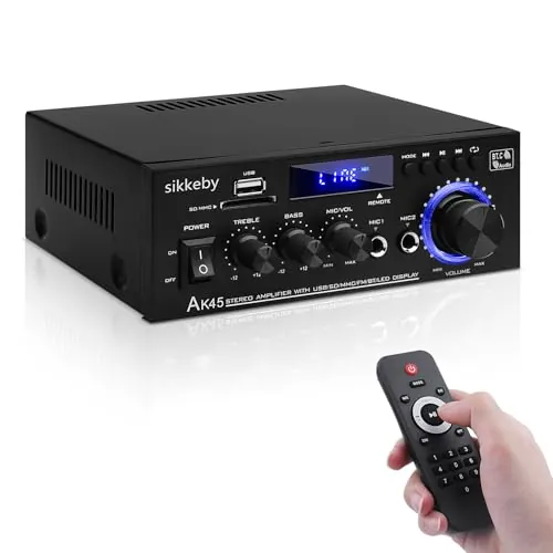 SIKKEBY HiFi Amplificador de audio 600W, AK45 Estéreo Bluetooth 5.0 Sonido digital Radio FM 2 canales Pantalla LCD Entrada SD/USB de alta fidelidad para coches domésticos