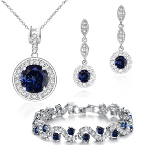 Crystalline Azuria Mujer 18ct Chapado en Oro Blanco Zafiro simulado Azul Zirconia Redondo Juego de joyas Collar Pendientes Pulsera