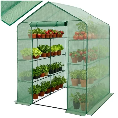 tectake® Invernadero Exterior con 16 Baldas Metálicas, Cubierta de PE contra UVA, Invernadero Terraza 143x143x195cm, Caseta Jardin Exterior con Puerta Enrollable, Ideal Huerto y Jardín, Fácil Montaje