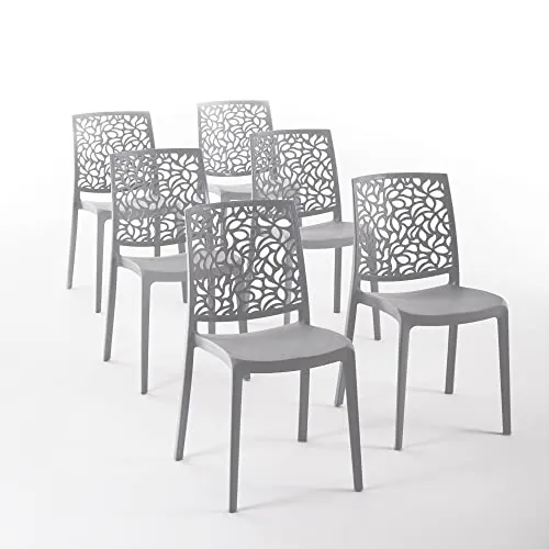Sillas de resina moderna apilables de polipropileno con fibra de vidrio, para interior, cocina o comedor, exterior y jardín, sillas de restaurante y contract - Anna (6 Sillas, Gris oscuro)