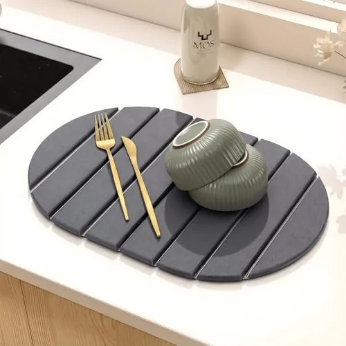 Kteeurqer Protector de Encimera para Cocina, Alfombrilla Absorbente de Diatomita, para Fregadero y Vajilla, Secado Rápido, Antideslizante (40 × 30 cm, Gris Oscuro)