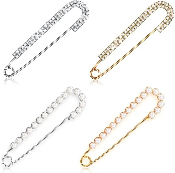 4 piezas Broches de Mujer, Imperdibles Broches de Mujeres Clips de Chal Suéter Cristal y Perla, Broche de Perla Simulada de Moda Pasador de Seguridad de Cristal de Perla de Doble Cabeza, 2 Estilos