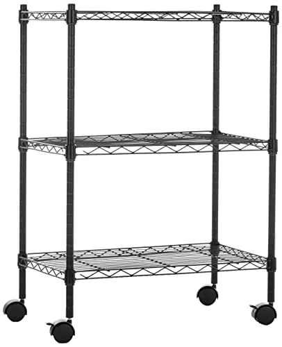 Amazon Basics Unidad de almacenamiento estrecha de 3 baldas con ruedas con estantes ajustables en altura y patas niveladoras, peso máximo de 340 kg, Negro, 34 cm x 58.9 cm x 83.2 cm (D x W x H)