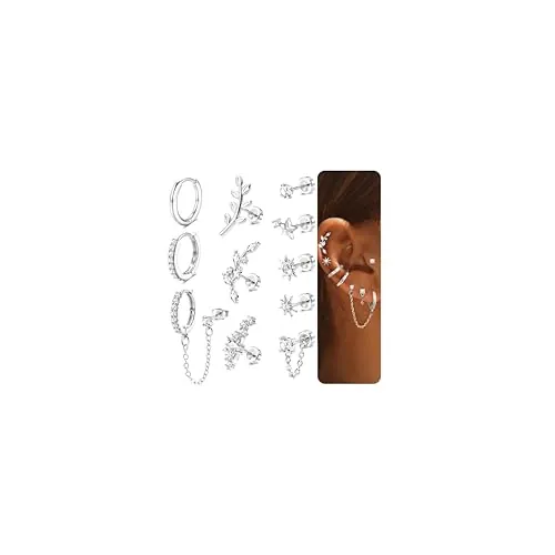 Dochais 11Pcs Pendientes Mujer Piercing Oreja Pendientes Acero Inoxidable Mujer Hipoalergenicos Chapado en Plata Pendiente Plano Aro Botón Cadena Piercing Tragus Helix Cartílago Conch