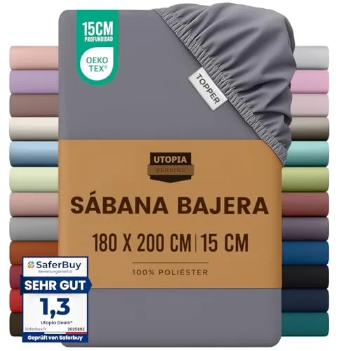 Utopia Bedding - Topper Sábana Bajera Ajustable 180x200cm - Gris | Microfibra de Poliéster Cepillado - Certificación Oeko-Tex - Bolsillo profundo de 15 cm