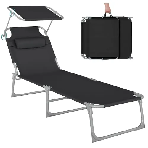 SONGMICS - Tumbona Plegable, Tumbona, 193 x 53 x 29 cm, Capacidad 150 kg, Parasol, Respaldo reclinable, jardín, Piscina, terraza, Negro GCB192B01