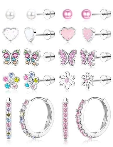 LOLIAS 10 Pares Pendientes Niña Hipoalergenicos Acero Inoxidable Pendiente Aro PlataRosa Multicolor Pendiente con Flor Mariposa Corazón Perlas Pendientes Bebe Niña Mujeres