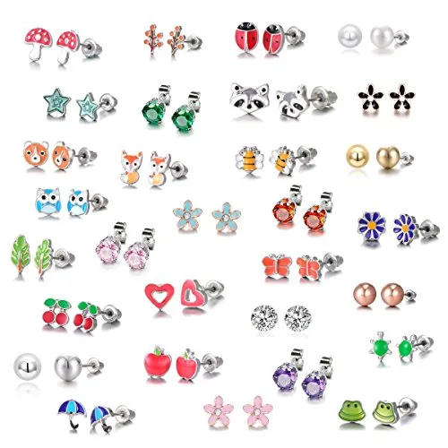 30 pares de pendientes de acero inoxidable con forma de estrella forma de estrella de mariquita, rana de abeja, árbol de seta y margarita,circonita cúbica