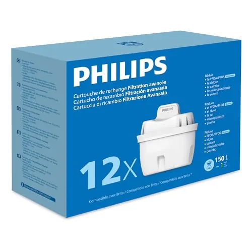 Philips Water Cartuchos de filtro de agua de repuesto Filtración Avanzada, pack de 12 filtros, reduce los MICROPLÁSTICOS, el CLORO, la CAL, los METALES PESADOS, Compatible con brita*