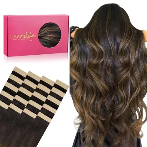WENNALIFE Extensiones Adhesivas Pelo Natural, 40cm, 50g, 20 Piezas, Balayage Dunkel Braun to Chestnut Braun, Extensiones Pelo Remy Cabello Humano
