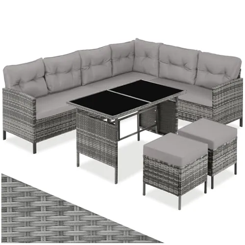 tectake® Conjunto Jardín de Ratán Mesa y Cojines, Conjunto Terraza Resistente a la Intemperie, Muebles Jardín Exterior 5 Piezas, Sofá de Esquina, 2 Taburetes y 1 Mesa - Gris/Beige