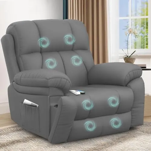 Sillón Relax Reclinable para Personas Mayores, con Masaje y Calor, Reposapiés Extensible, Puertos USB tipo C+, Portavasos Ocultos y dos bolsillos laterales,Reclinable Extragrande tipo Sofá para salón