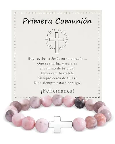 BOCHOI Regalos Comunion Niña Regalo Niña Primera Comunion Pulsera Cruzada Para Adolescentes Joyas de Fe Religiosa de Acero Inoxidable Cumpleaños Bautizos, Fiestas Pulsera Pórfido Rosa