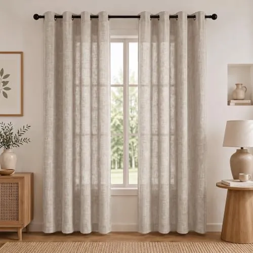 Deconovo Cortinas Efecto Lino para Salón y Dormitorio, 140x240 cm, 2 Piezas | Visillos Translúcidos con Ojales, Trama Tejida, Filtran la Luz Natural, para Ventanales y Puerta Ventana, Lino Natural