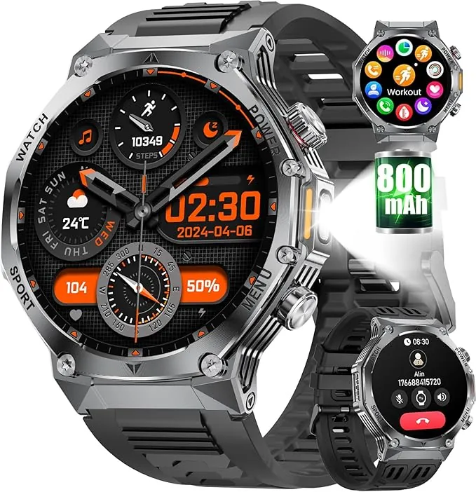 SUNKTA 1.85″ HD Smartwatch para Hombres Militar 800 mAh Batería Grande Reloj Inteligente para iOS Android Llamadas Bluetooth LED,Monitoreo de Salud Monitor de Sueño,100+ Modos Deportivos,Rojo