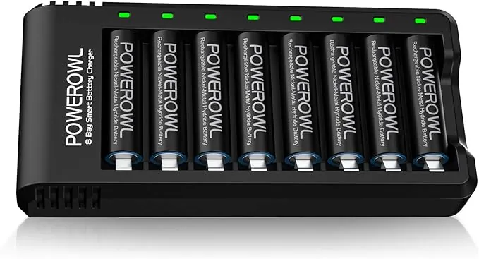 POWEROWL Cargador de Pilas AA, AAA con 8 Unidades de AA 2800mAh Ni-MH Pilas Recargables con Luces LED(Carga rápida USB, Ranura Independiente)