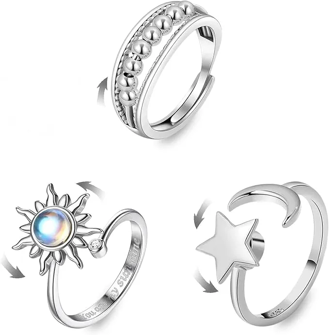 3anillos de ansiedad para mujer, anillos de plata giratorios abiertos ajustables para adolescentes y niñas, Anillo Antiestres Mujer con diseños de mariposa luna estrella, para mujeres ansiosas