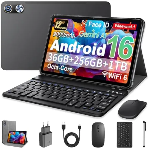Android 16 Tablet 12 Pulgadas en Gemini AI, Tableta en Funda, Teclado, Ratón & Lápiz, Unisoc T7250 Octa-Core, 36 GB RAM + 256 GB ROM + 1 TB TF, 1920x1200 Pantalla HD, Cámara Doble 8MP + 20MP, 9000 mAh