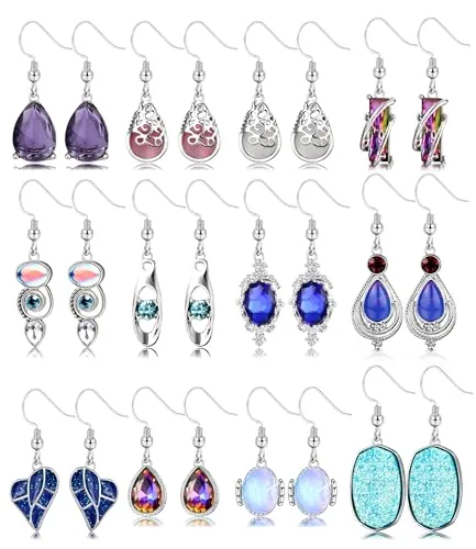 Juego de 12 pares de aretes de plata para mujer, aretes colgantes de lágrima de cristal con circonita cúbica, estilo vintage, bohemios