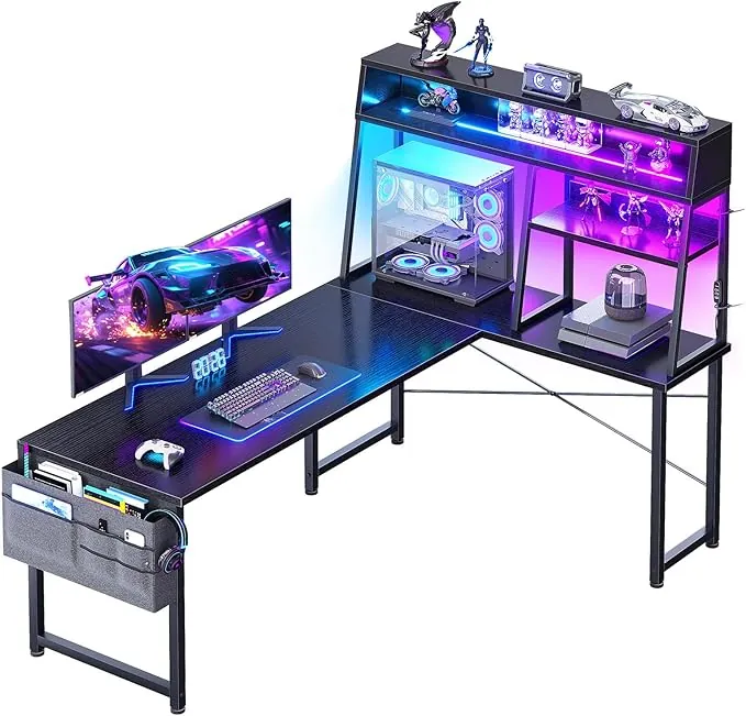 Coleshome Escritorio Gaming en L con LED, 150x100cm Escritorio Gamer con Estantes Reversible, Escritorio Esquinero con Bolsa de Almacenamiento y Gancho para Jugadores, Negro