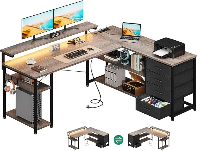 ODK Escritorio con Cajones, 155×110cm Escritorio Esquinero Reversible con 2 Enchufes y 2 Puertos USB, Mesa de Oficina en Forma de L con LED para Oficina en Casa, Roble Gris