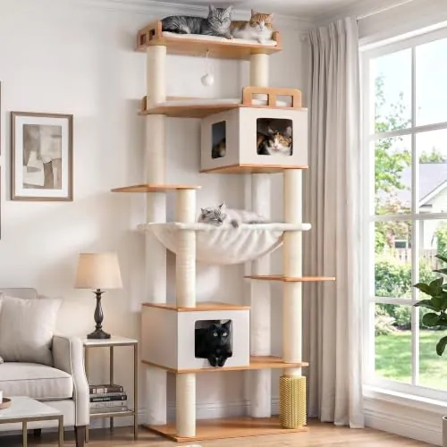 Gitelsnour Rascador para Gatos 193 cm, Arbol para Gatos de Multi-Nivel para Gatos Grandes Adultos, con 2 Cuevas, 2 Plataformas, Gran Hamaca, Rascadores de Sisal, para Interior, Nogal GCT104WB