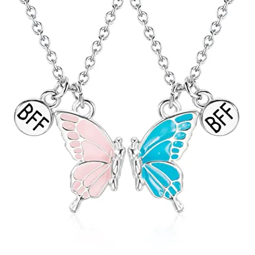 Hifot 2 Piezas Collares de la Amistad, Collar Mariposa Cadena Plata Mujer, Collares de Mejores Amigas para 2 Niña Bff Regalos Personalizados Accesorios de Amistad Azul Rosa