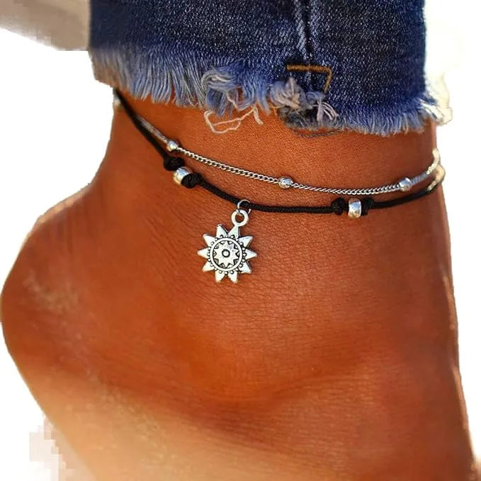 Prosy Beach - Tobillera de girasol con cuentas tejidas, pulseras de tobillo, cadena, joyería de pie, ajustable para mujeres y niñas