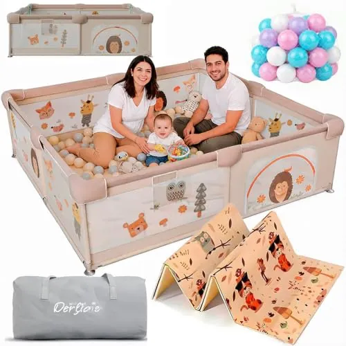 DeFieltro Parque Infantil Bebe del Bosque 120x120 - Corralito Bebe con Malla de Animales Transpirable Alfombra Acolchada +60 BOLAS - Corral Plegable Baby ANTIDESLIZANTE