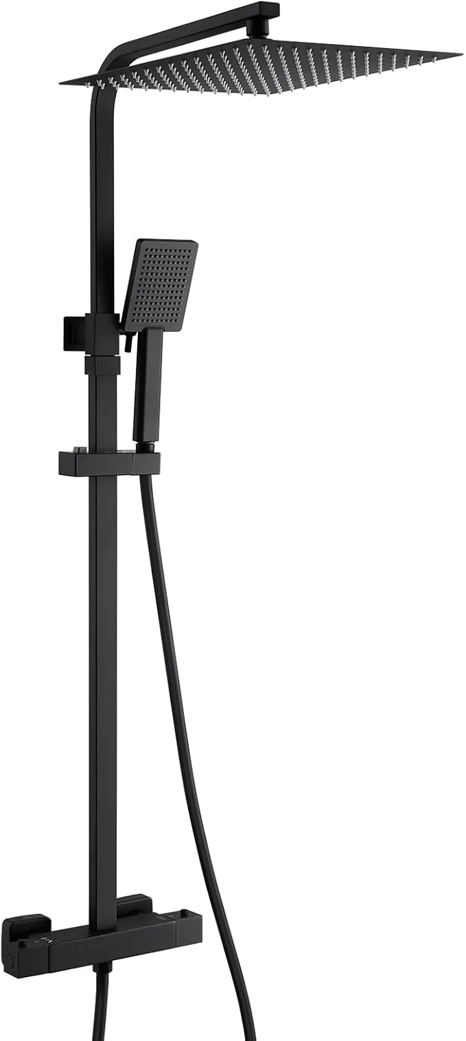 Auralum Columna Ducha Negra con Rociador Ducha 30x30cm Cuadrado Acero Inoxidable 304 y Grifo Ducha Termostatico de Latón, Columna Altura Adjustable entre 80-124cm, Compatible con Orificios Existentes