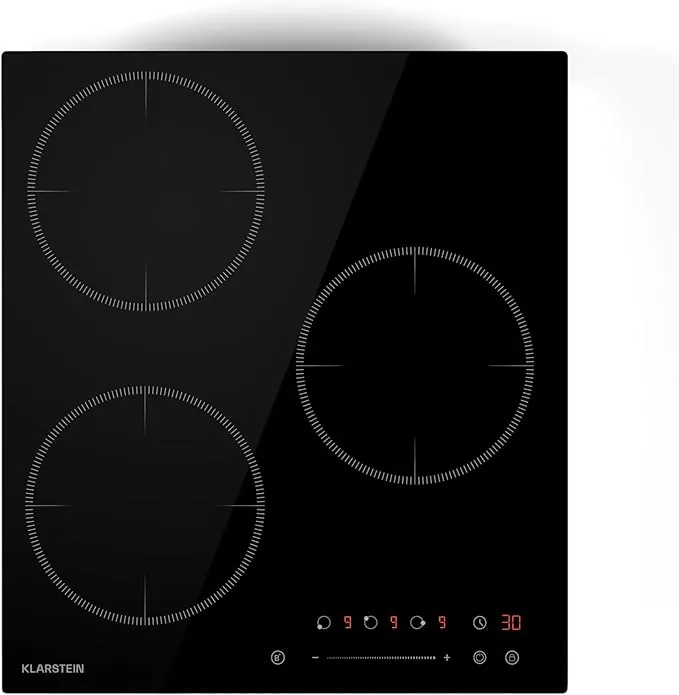 Klarstein Placa Inducción Delicatessa - 3 Zonas, 6600W con Potenciadores, Control Táctil Deslizante, Temporizador & Bloqueo para Niños, Vitrocerámica Negra, Diseño Compacto 45cm