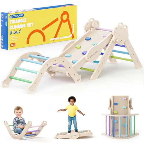 COSYLAND 8 en 1 Triángulo de Escalada Montessori con Arco y Rampa, Set Plegable Infantil, Juguete de Madera Resistente para Interior, Niños 18 Meses-6 años, Natural/Colores Fríos, Mediano