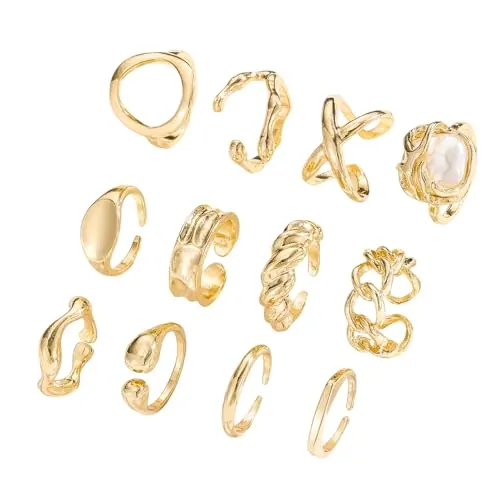 12 Pcs Anillos Chunky Dorados para Mujeres, Anillos de Oro Gruesos Ajustables para Mujer, Anillo Gruesos Dorados Para Mujer, Conjunto de Anillo Dorado Grueso para Mujeres