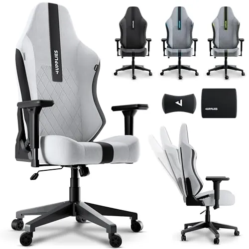 JUPPLIES Silla Gaming Premium Ergonómica – Sillas Gamer con Lino Transpirable, Reclinable 160°, Cojín Viscoelástico, Reposabrazos 4D y Base Hierro Reforzada (Blanca)