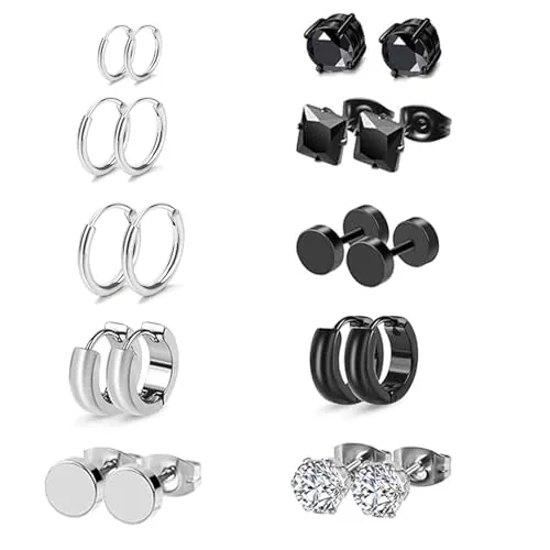 Yolistar 10 Pares De Pendientes De Acero Inoxidable y Titanio Para Hombres y Mujeres - Clip, Piercing, Bisel Redondo, Cool Stud