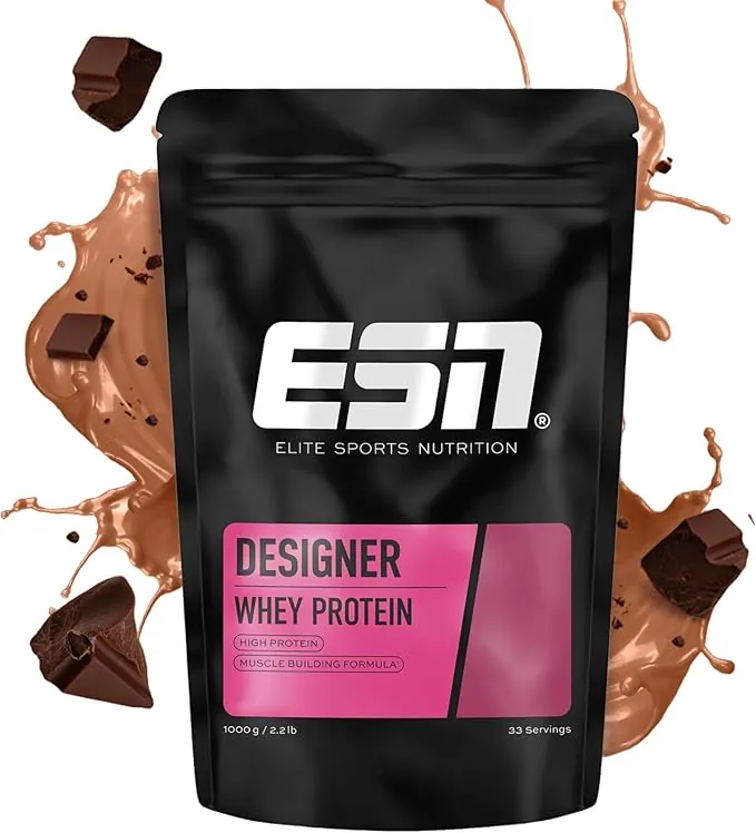 ESN Designer Whey Protein Powder, Chocolate, 1 kg, hasta 23 g de proteína por porción, ideal para desarrollar y mantener la masa muscular