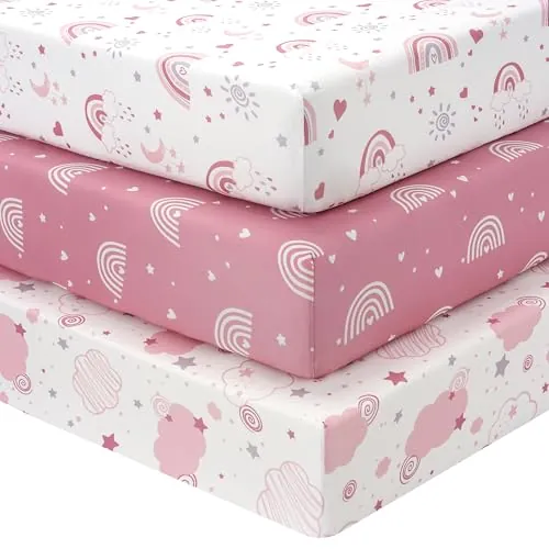 Fiemol Sábanas Bajeras Cuna 140x70 cm, Juego de 3 Sábanas para Cuna de Bebé, con Esquinas Elásticas, Microfibra Ultra Suave y Sedosa, Rosa y Arcoíris