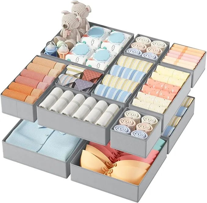 DIMJ Organizador Cajones Juego de 12 Cajas Almacenaje Plegables de Tela Para Guardar Ropa, Organizadores de Cajones No Tejidos, Calcetines, Ropa Interior, Clásico Gris