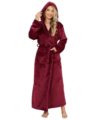 ZFSOCK Albornoz Capucha para Mujer Invierno: Bata Larga Polar de Franela Suave y Gruesa con Bolsillos y Cinturón Ideal para Casa Ducha Piscina Regalo - Roja L/XL