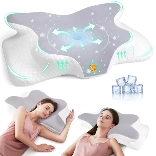 Nuvellina Almohada Cervicales y Cuello, Almohada Cervical Viscoelástica para Cervicales, Tejido Refrescante, Almohada Antirronquidos para Dormir de Lado, Boca Arriba y Boca Abajo, Color Gris Medio