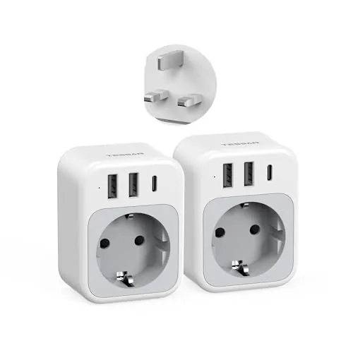 TESSAN Paquete de 2 Adaptador Enchufe UK, 4 en 1 Enchufe Tipo G con USB C