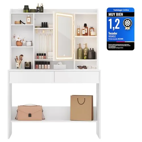 VASAGLE Kailyn Colección - Tocador con Luces LED de 3 Colores con Brillo Ajustable, Mesa de Maquillaje con Espejo, Estantes Ajustables, 2 Cajones, Estilo Moderno, Blanco RDT123T14