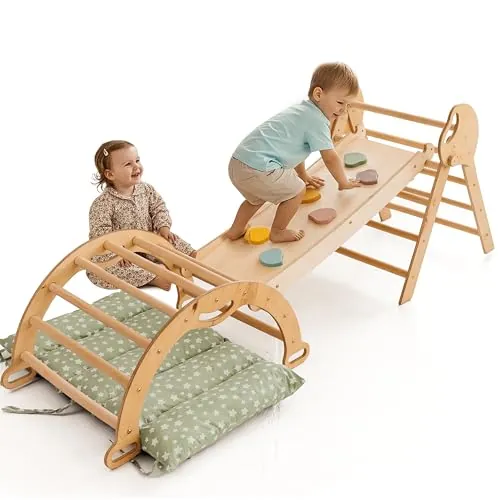 Goodevas Estructura de Escalada 5 en 1 para Niños - Escalera en Triángulo, Arco de Escalada, Balance Board y Cojín, Estructura de Escalada Montessori, Gimnasio de Madera para Niños de 1 a 3 Años