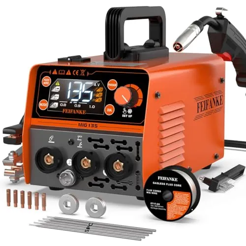 FEIFANKE MIG135 Soldador De Hilo Sin Gas 135A 230V Soldador Inverter Mini SinéRgico 3 en 1 Electrodo MIG TIG Maquina De Soldar AlimentacióN RáPida De Hilo Compatible con Hilo De Soldadura E308LFC-O
