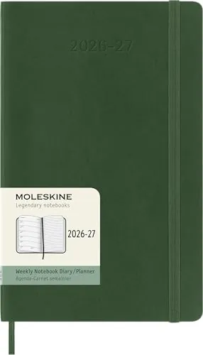 Moleskine Agenda Semanal 2026 2027 - Agenda de 18 meses con espacio para notas, tapa blanda y cierre elástico, color verde mirto, formato Large 13 x 21 cm
