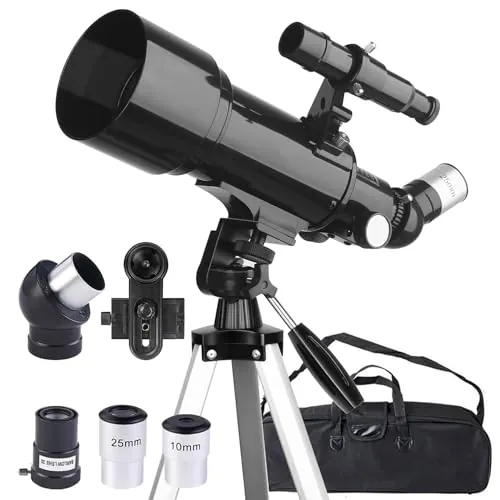 Misilmp Telescopio 70mm Apertura 400mm Telescopios para Adultos Principiantes Astronomía con Lentes, Visor, Trípode, Bolso, Soporte Móvil, Portátil Refractor Telescopio para Niños & Adultos (Negro)